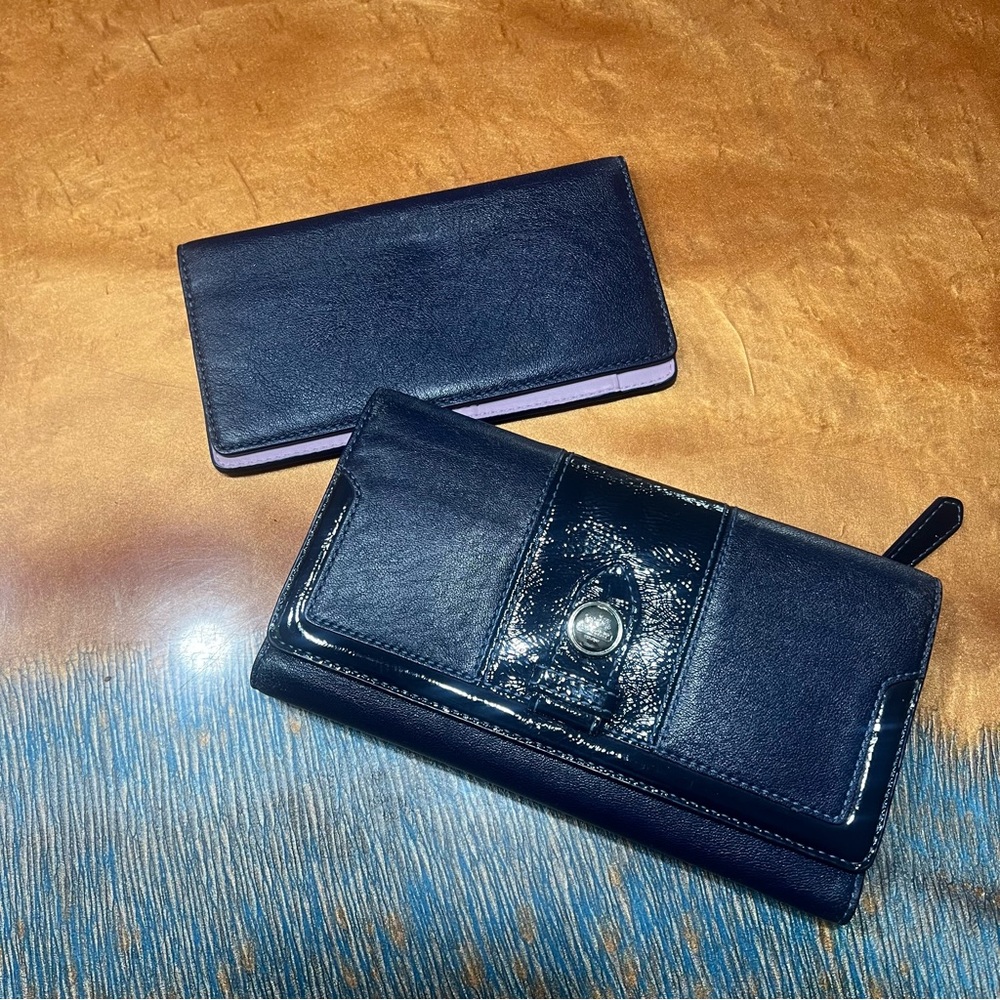 Coach Leather Navy Blue Lavender trifold wallet clutch woth check book holder
